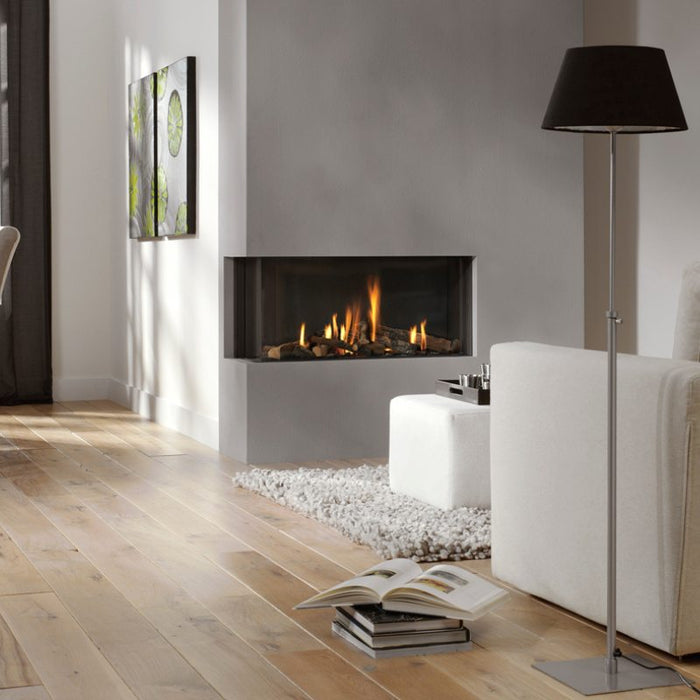 Element4 Bidore 100 (36 Linear Corner Direct Vent Gas Fireplace) Installed at the Guess room with Ceramic Glass, Black Mesh Safety Screen plus ceramic fire bed with heat-resistant ceramic fibers and Logs Set