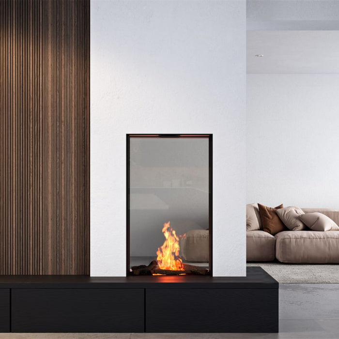 Element4 Bioethanol Sky Medium See-Through with Double Burner Unique multi burner system – with split wood logset, Black Painted Steel Interior with Clean Face Design and Ceramic Glass installed between Dinning room and Living room