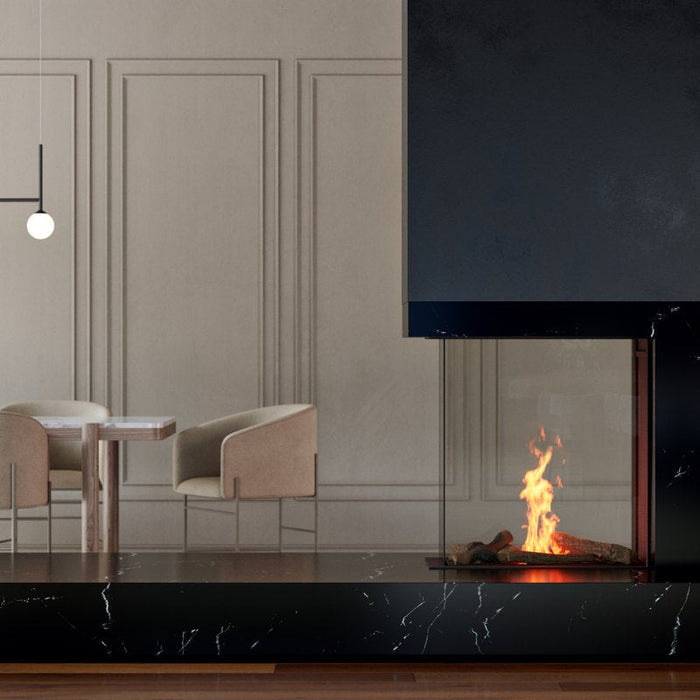 Element4 Bioethanol Sky Small Room Divider with Double Burner Unique multi burner system – with split wood logset, Black Painted Steel Interior with Clean Face Design and Ceramic Glass installed between Dinning room and Living room