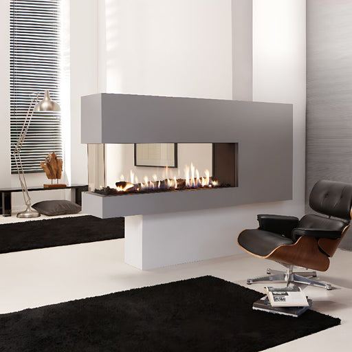 Element4 Lucius 140 Roomdivider (54 Linear Peninsula Direct Vent Gas Fireplace) at Private space room with Ceramic Glass, Black Mesh Safety Screen plus ceramic fire bed with heat-resistant ceramic and Logs set