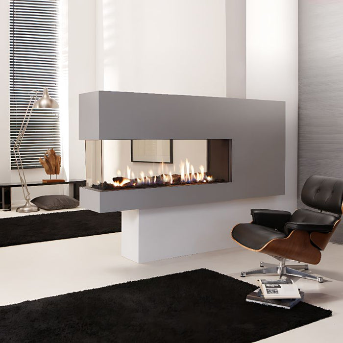 Element4 Lucius 140 Roomdivider (54 Linear Peninsula Direct Vent Gas Fireplace) at Private space room with Ceramic Glass, Black Mesh Safety Screen plus ceramic fire bed with heat-resistant ceramic and Logs set