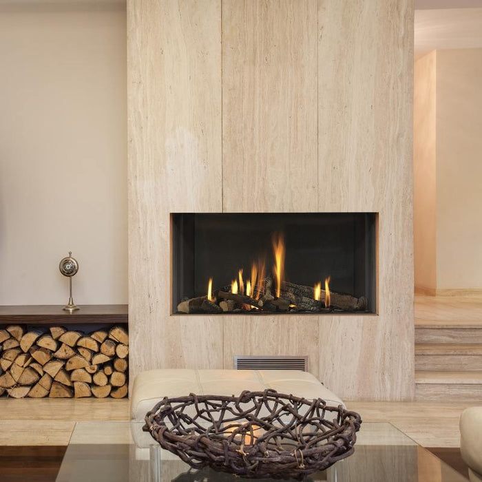 Element4 Modore100 (36 Linear Corner Direct Vent Gas Fireplace) Installed at the Guess room with Ceramic Glass, Black Mesh Safety Screen plus ceramic fire bed with heat-resistant ceramic fibers Logs set