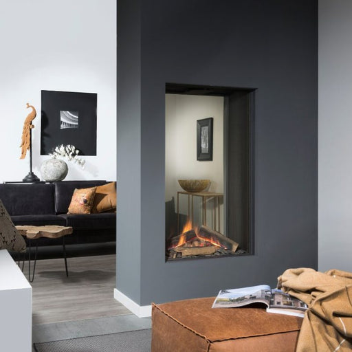 Element4  Sky Medium T Installed at the Livingroom with Real Flame Burner with True-to-Nature Cleaved Wood Logs