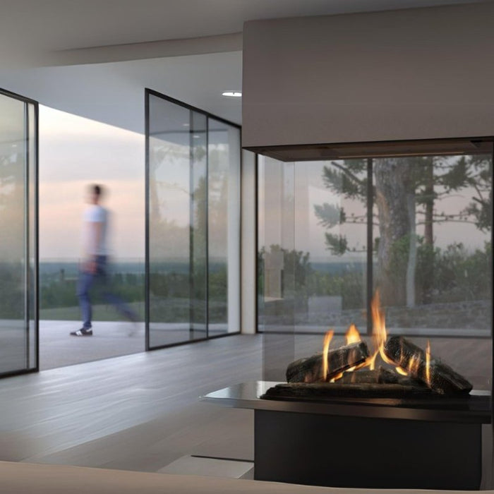 Element4 Sky Small Roomdivider Installed between the way to Kitchen and Livingroom with Real Flame Burner with True-to-Nature Wood Logs