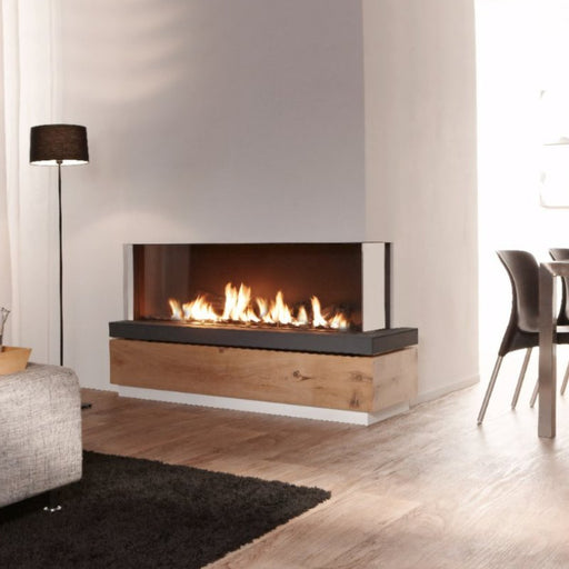 Element4 Bidore 140 Installed at the Center of Livingroom and Kitchen with Double Burner Multi-Burner System Log Set