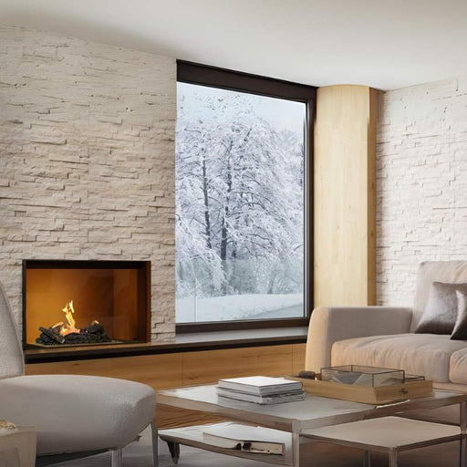 Element4 Bio 50i with Real Flame Burner with True-to-Nature Wood Logs installed at the living room near woods view