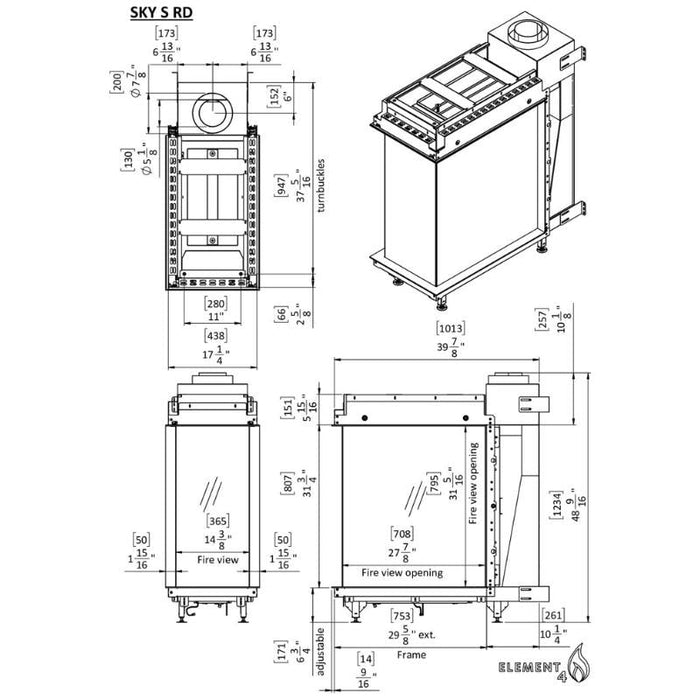 Element4 Bioethanol Sky Small Room Divider Technical Drawing Specs