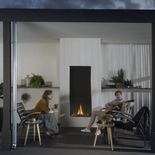 Element4 Sky Large DB Outdoor installed at the Terrace with Real Flame Burner with True-to-Nature Wood Logs