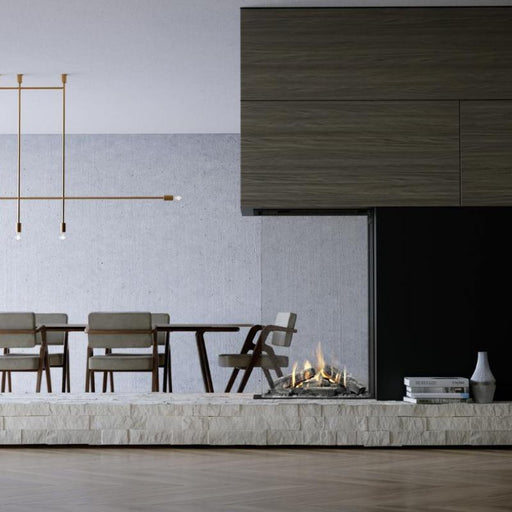 Element4 Sky Medium Roomdivider Installed at the Center of Kitchen and Livingroom with Real Flame Burner with True-to-Nature