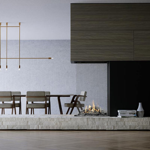 Element4 Sky Medium Roomdivider Installed at the center of Kitchen and Living room with Real Flame Burner with True-to-Nature Wood Logs, Wide Trims