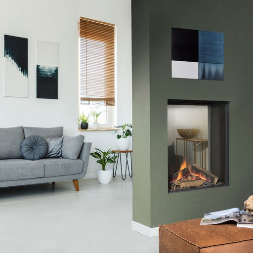 Element4 Sky Small T Installed in Living Room Area with Real Flame Burner with True-to-Nature Cleaved Wood Logs