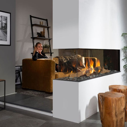 Element4 Summum 140 R (54" Linear Roomdivider Gas Fireplace) Real Flame Burner with True-to-Nature Wood Logs Installed Between Private Space