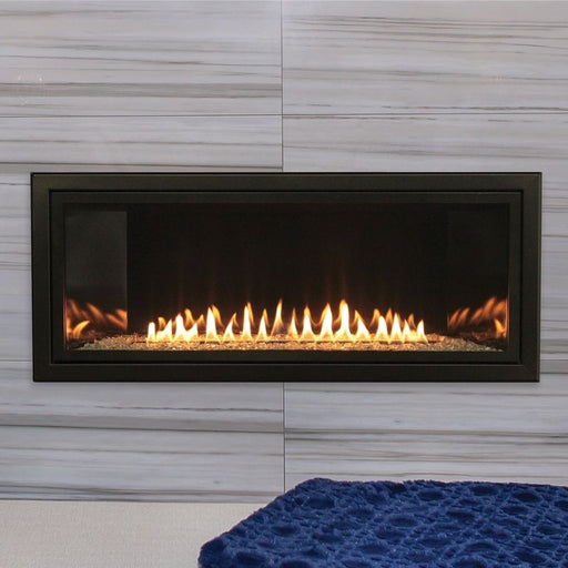 Empire Boulevard 36 Inch Vent Free Linear Gas Fireplace with black liner, clear crushed glass media and 1.5 inch decorative trim close up