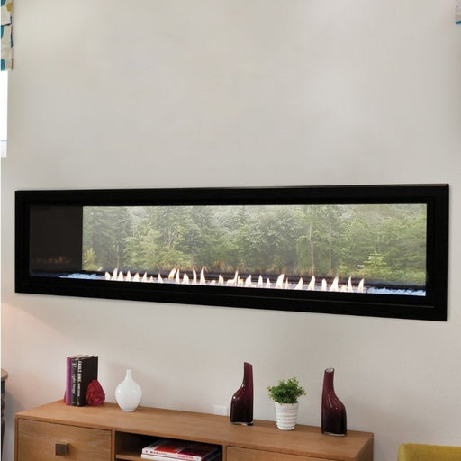 Empire Boulevard 60 See-Through Vent-Free Linear Gas Fireplace with multicolor LED lighting, clear crushed glass media, and 1.5-inch front frame