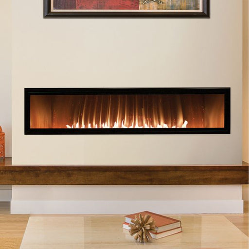 Empire Boulevard 60 Vent-Free Linear Gas Fireplace with multicolor LED lighting, clear crushed glass, and 34" trim in matte black, close-up