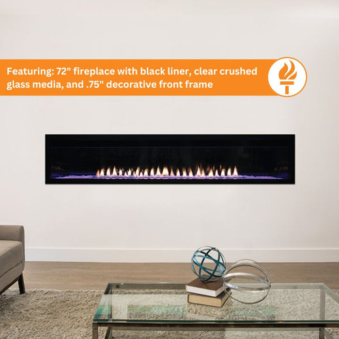 Empire Boulevard 72 Vent-Free Linear Gas Fireplace with black liner, clear crushed glass media, and 0.75 decorative front frame