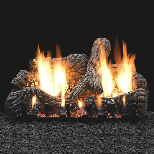 Empire Charred Oak Vent Free Gas Log Set Zoom in Flame on Black with Stone Background