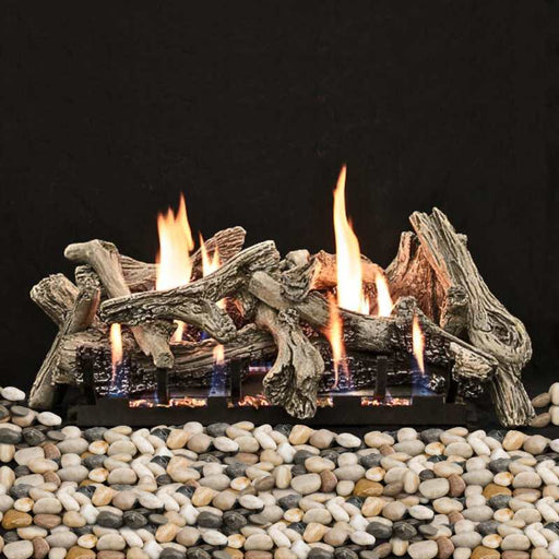Empire Driftwood Burncrete Vent Free Gas Log Set Zoom in Flame on blackground with marbles