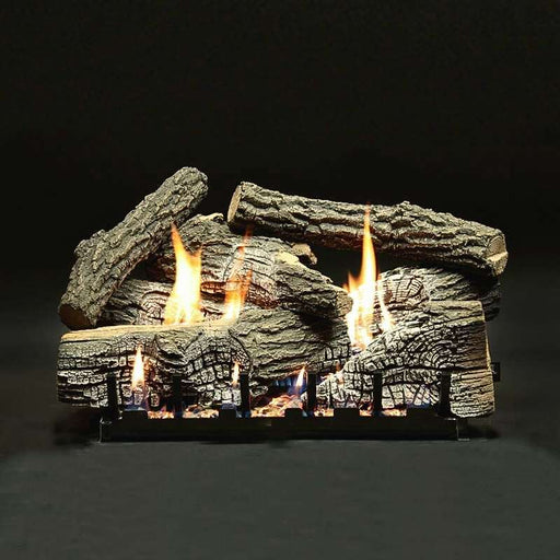 Empire Super Stacked Wildwood Vented Gas Log Set Close-Up Flame On Navy Green Background