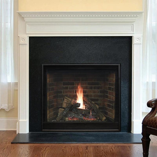 Empire Tahoe Premium Clean-Face Direct-Vent Traditional Fireplace with Aged Brick Liner Installed in a Custom Mantel with Custom Surround..