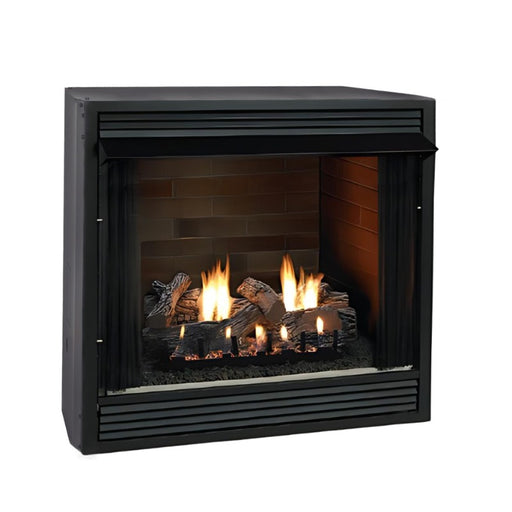 Empire Breckenridge Deluxe 32 Vent Free Firebox with Standard Black Louvers,  Aged Brick, Extended Hood and  Refractory Super Sassafras Log Set with Slope Glaze Burner System