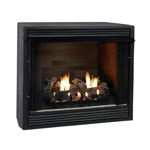 Empire Breckenridge Deluxe 36 Vent Free Firebox with Standard Black Louvers,  Aged Brick, Extended Hood and  Refractory Super Sassafras Log Set with Slope Glaze Burner System