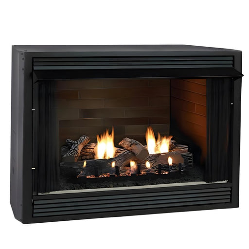 Empire Breckenridge Deluxe 42 Vent Free Firebox with Standard Black Louvers,  Aged Brick, Extended Hood and  Refractory Super Sassafras Log Set with Slope Glaze Burner System
