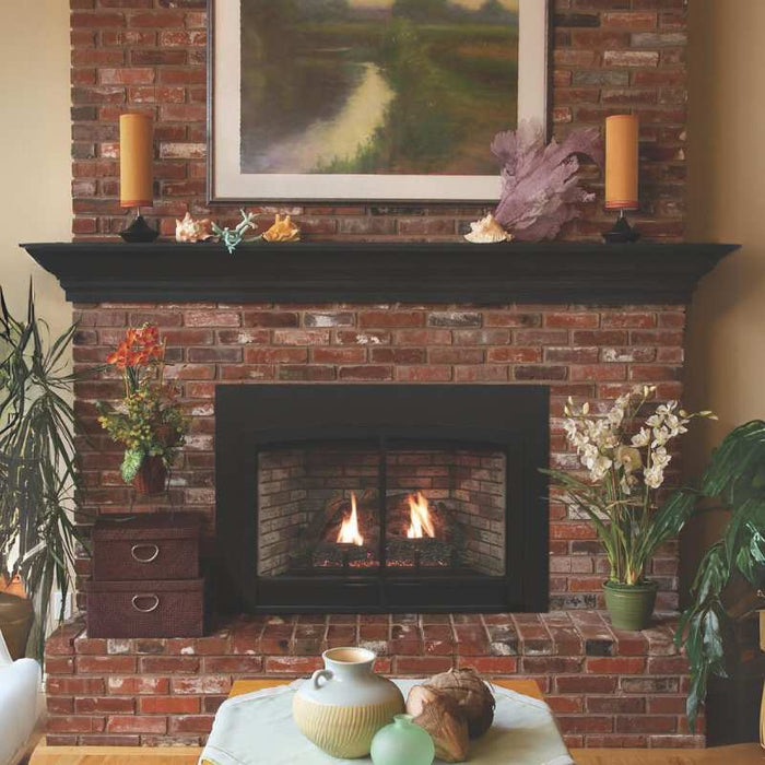 Empire Innsbrook Direct-Vent Fireplace Insert with Washed Brick Liner, Surround in Matte Black, and Horizon Decorative Doors (non-operable) in Matte Black.