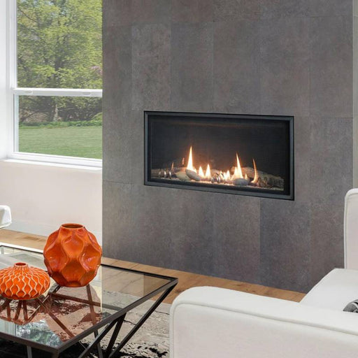 Empire Loft 36" Linear Direct-Vent Fireplace with Black Reflective Porcelain Liner, Clear Frost Crushed, Logs, Rocks, and Coils, and Optional Light Kit