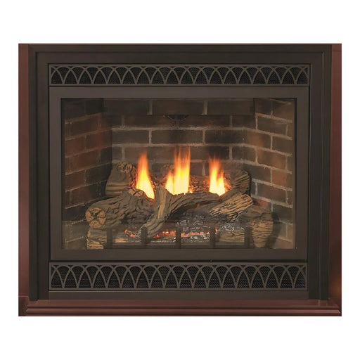 Empire Tahoe Deluxe Direct-Vent Fireplace with Black Arch Louvers and Matte Black Outer Frame and Hand-painted Ceramic Fiber Log set