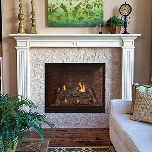 Empire Tahoe Luxury 36" Clean Face Direct Vent Gas Fireplace | DVCX36FP with Rustic Brick Liner, Installed in a Custom Mantel with Custom Stone Surround..
