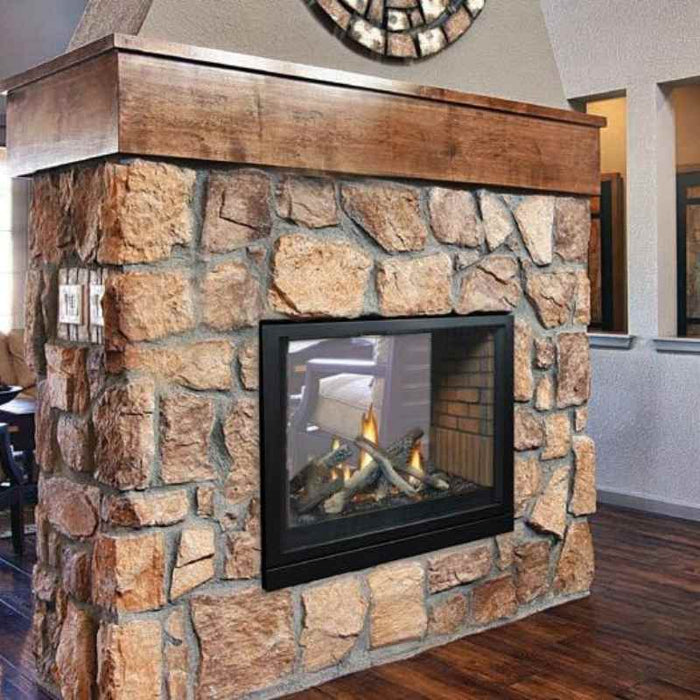 Empire Tahoe Premium 36" See-Through Clean Face Direct Vent Gas Fireplace with Rustic Brick with Soldier Course Liner, and Campfire Logs, Installed in Custom Stone Surround