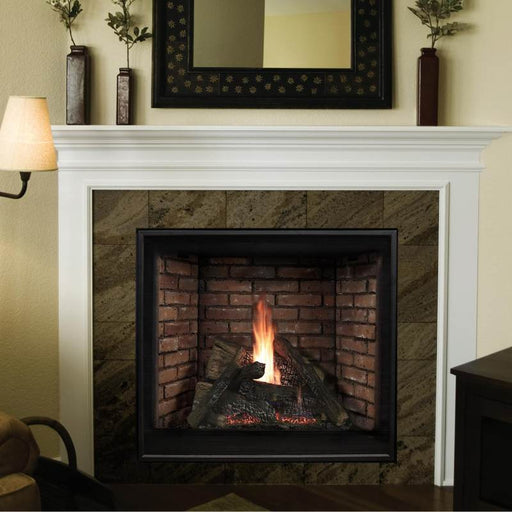 Empire Tahoe Premium Clean-Face Direct-Vent Traditional Fireplace with Rustic Brick Liner Installed in a Custom Mantel with Custom Surround..