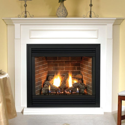 Empire Tahoe Premium Direct Vent Gas Fireplace with White Corner Mantel shown with Optional Aged Brick Liner, Black Outer Frame, Black Slat Louvers, and Bottom Trim V2