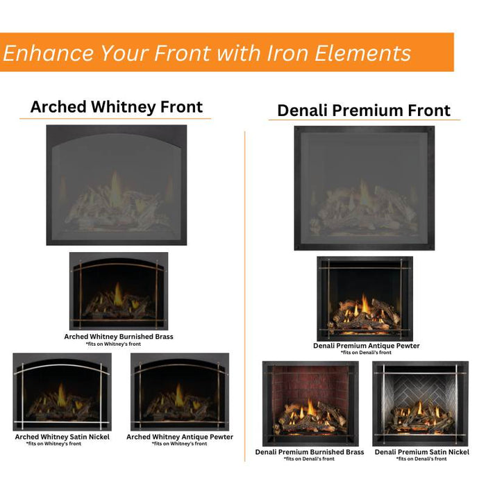 Enhance Your Napoleon Altitude X Front with Iron Elements from Arched Whitney and Denali Premium Front, Antique Pewter, Burnished Brass, and Satin Nickel