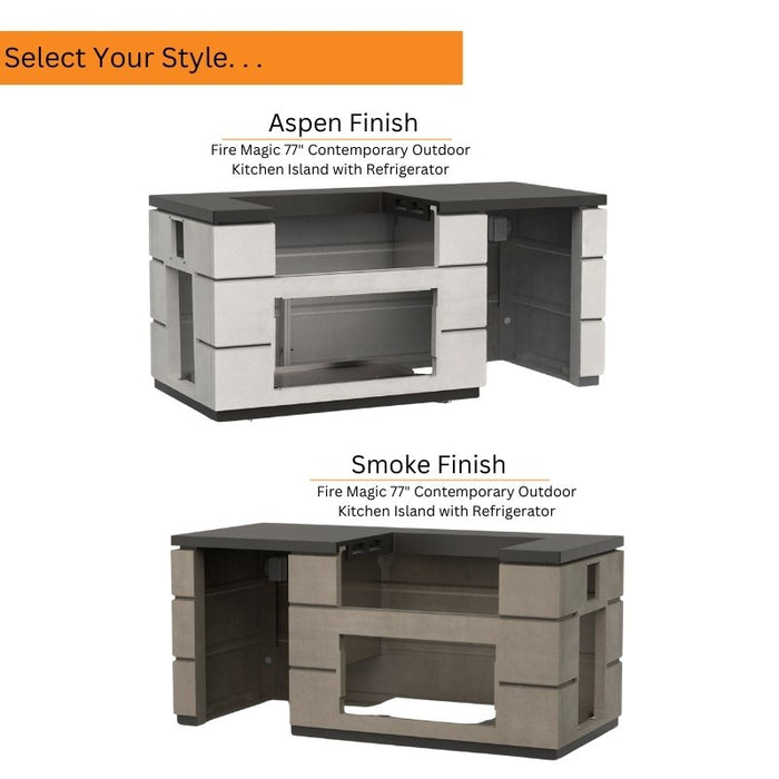Fire Magic 77 Contemporary Outdoor Kitchen Island with Refrigerator Aspen and Smoke Finish Styles