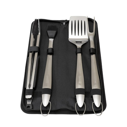 Fire Magic Four Piece Tool Set Stainless Steel Tongs, Meat Fork, Silicone-tipped Basting Brush, and a slotted Flat Spatula with Serrated Edges