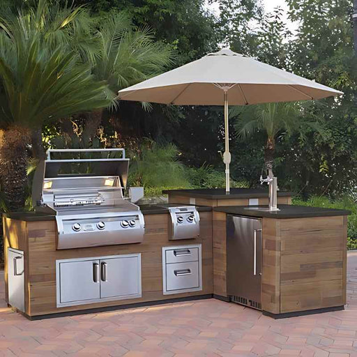 Fire Magic Silver Pine Finish Island L-Shaped Outdoor Kitchen Island Bundles for 30 Built-In Grills with Kegerator with Aurora Double Side Burner