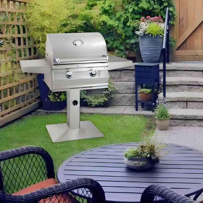 Fire Magic 24" Choice C430s Post Mount Gas Grill Placed in Backyard Garden