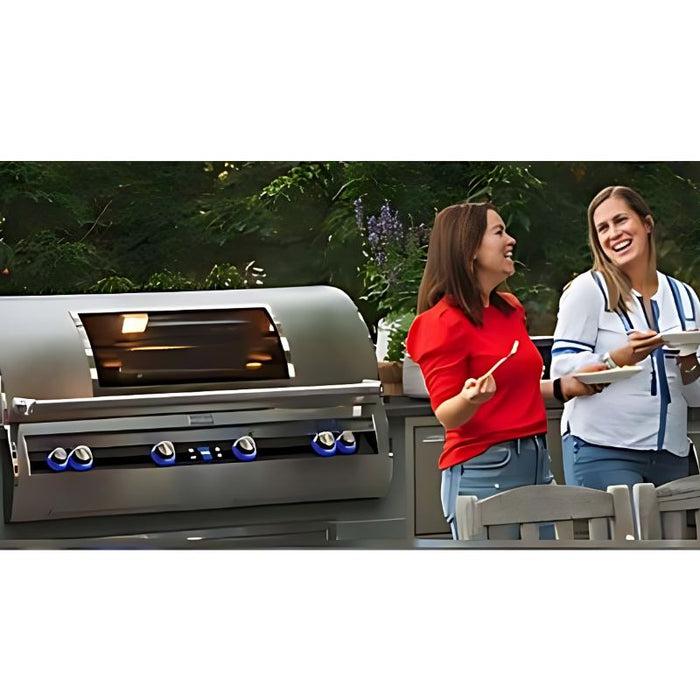 Fire Magic 48" Echelon Diamond E1060i Built-In Gas Grill with Digital Thermometer Placed Outdoor with Friends V2