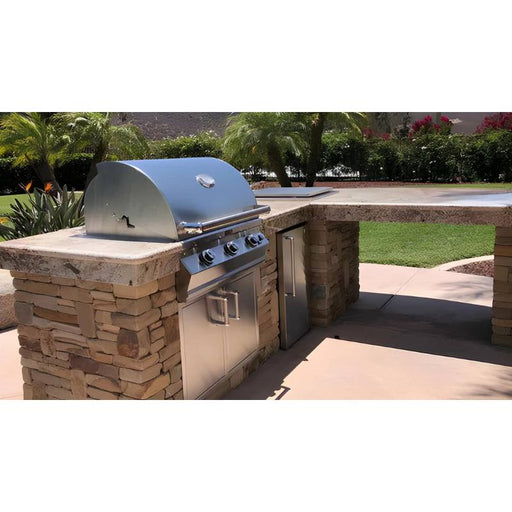 Fire Magic 77" Contemporary Outdoor Pizza Oven Kitchen Island with Refrigerator Installed Outdoor Covered with Bricks