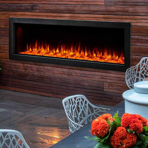 Forum 43 Outdoor Linear Electric Fireplace in Receiving Area with Red Glowing Ember Bed
