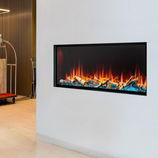 Forum 55 Outdoor Linear Electric Fireplace  installed in  Lobby Lounge Reception Area with Birch Log Set and Blue Embers