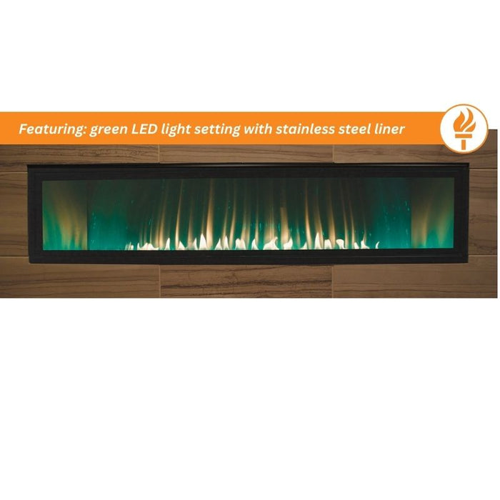 Green LED Light setting on stainless steel liner for Empire Boulevard Vent Free Linear Gas Fireplace