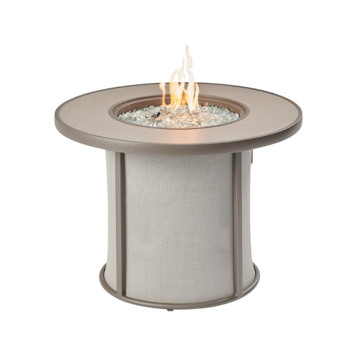 Grey Stonefire Round Gas Fire Pit Table with Clear Tempered Fire Glass Gems plus Fire Burner On