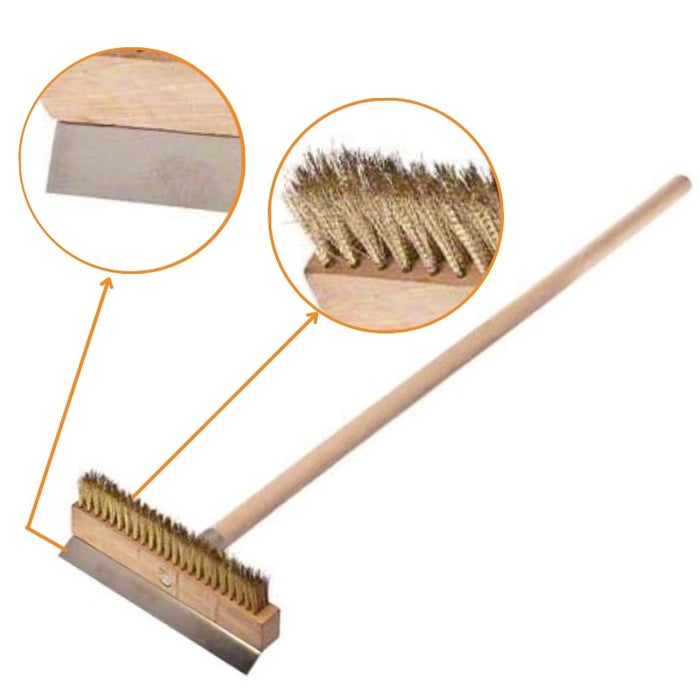 HPC Fire Brush for Outdoor Pizza Oven Comes with Wood Handle with Bristles and Built-in Scraper 