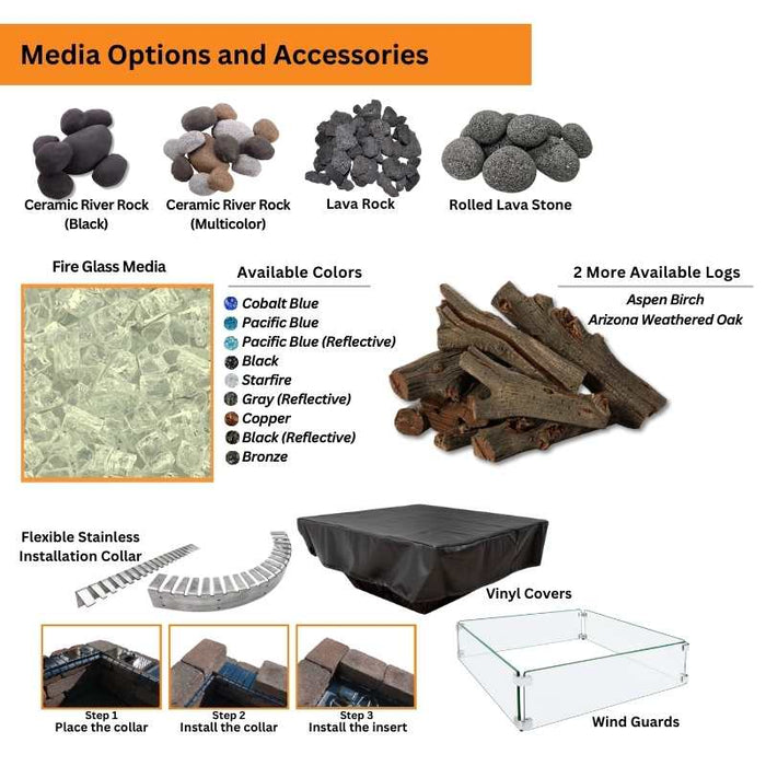HPC Fire Ready-To-Finish Square Fire Pit Kit Media Options and Accessories