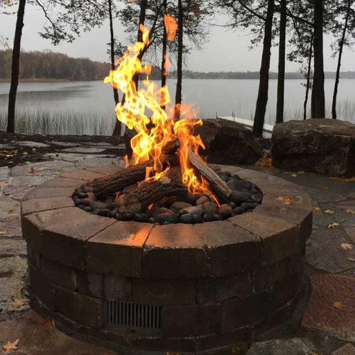 HPC Fire Round Flat Fire Pit Burner Insert in Lakeside with Arizona Weathered Oak and Ceramic River Rock and Rolled Lava Stone
