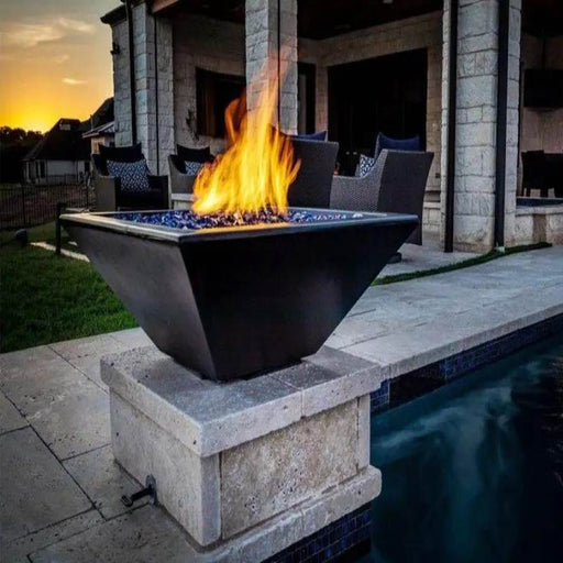 HPC Fire Sedona Hammered Copper Square Gas Fire Bowl Outdoor Entrance
