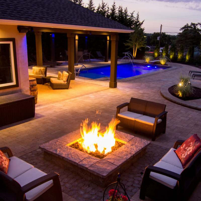 HPC Fire Square Bowl Fire Pit Burner Insert Placed in Pool Side and Hang Out Area with Torpedo Burner and Lava Rock 